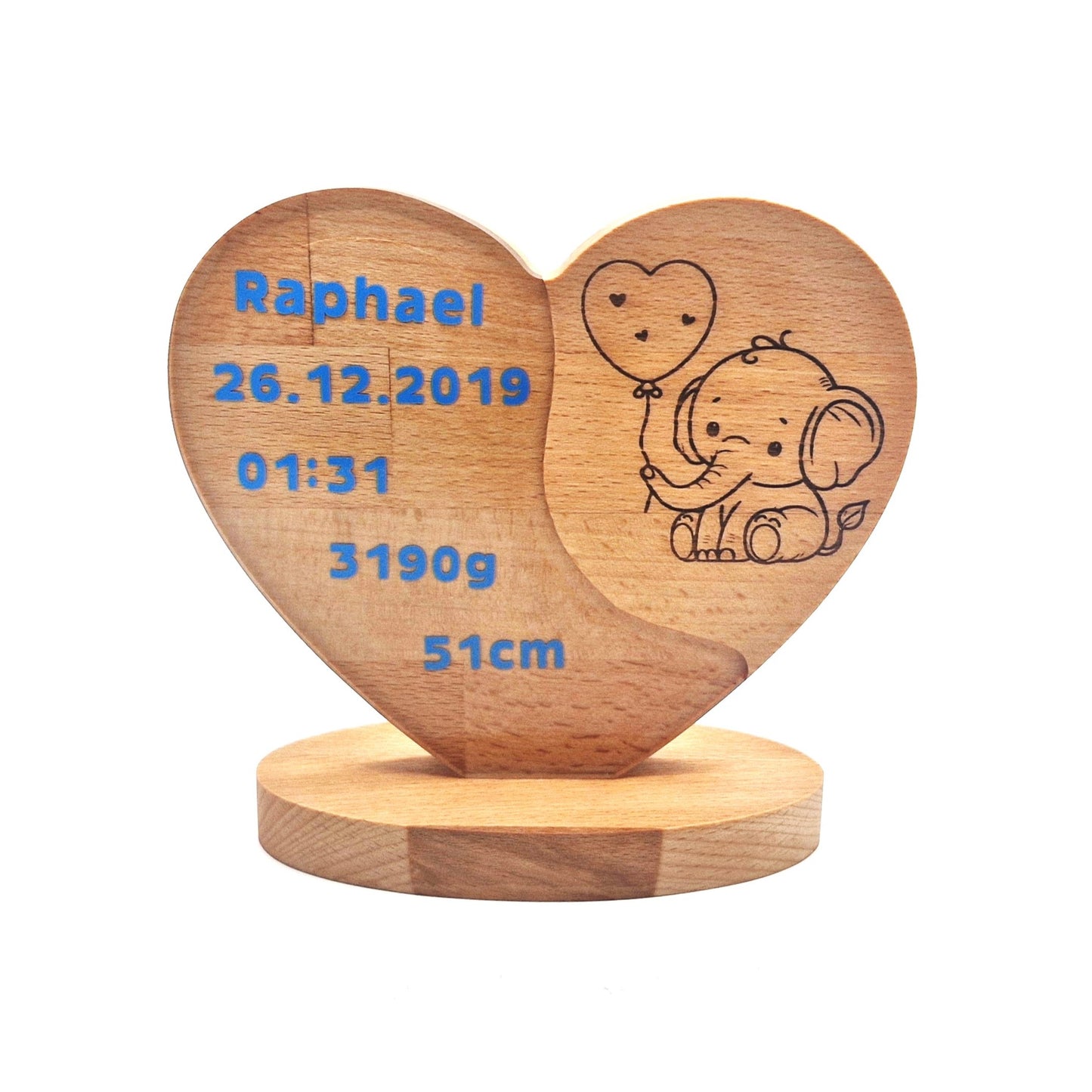 Personalisierter Herz-Aufsteller zur Geburt – farbige Schrift in Epoxidharz & 10+ Tiermotive