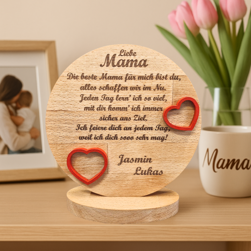 Runder Holz-Aufsteller mit 3D-Herzen – personalisiertes Geschenk für Mama & Papa
