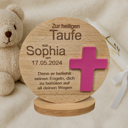 Runder Holz-Aufsteller mit Kreuz – personalisiertes Geschenk zur Taufe, Erstkommunion & Firmung (Kreuzfarbe & Spruch wählbar)