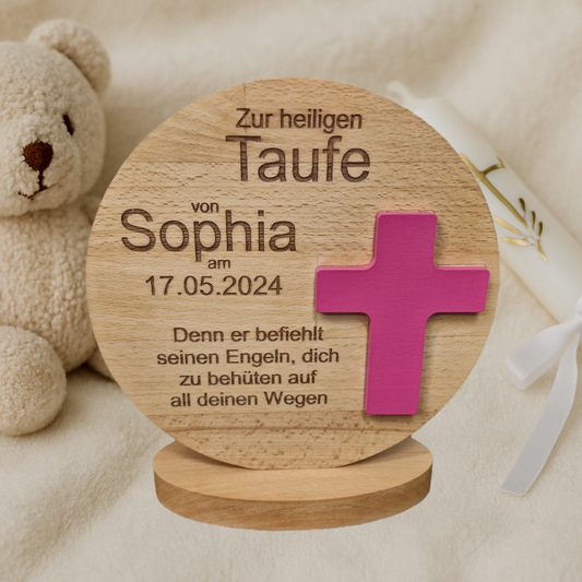 Runder Holz-Aufsteller mit Kreuz – personalisiertes Geschenk zur Taufe, Erstkommunion & Firmung (Kreuzfarbe & Spruch wählbar)