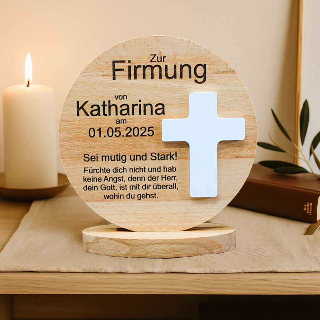 Runder Holz-Aufsteller mit Kreuz – personalisiertes Geschenk zur Taufe, Erstkommunion & Firmung (Kreuzfarbe & Spruch wählbar)