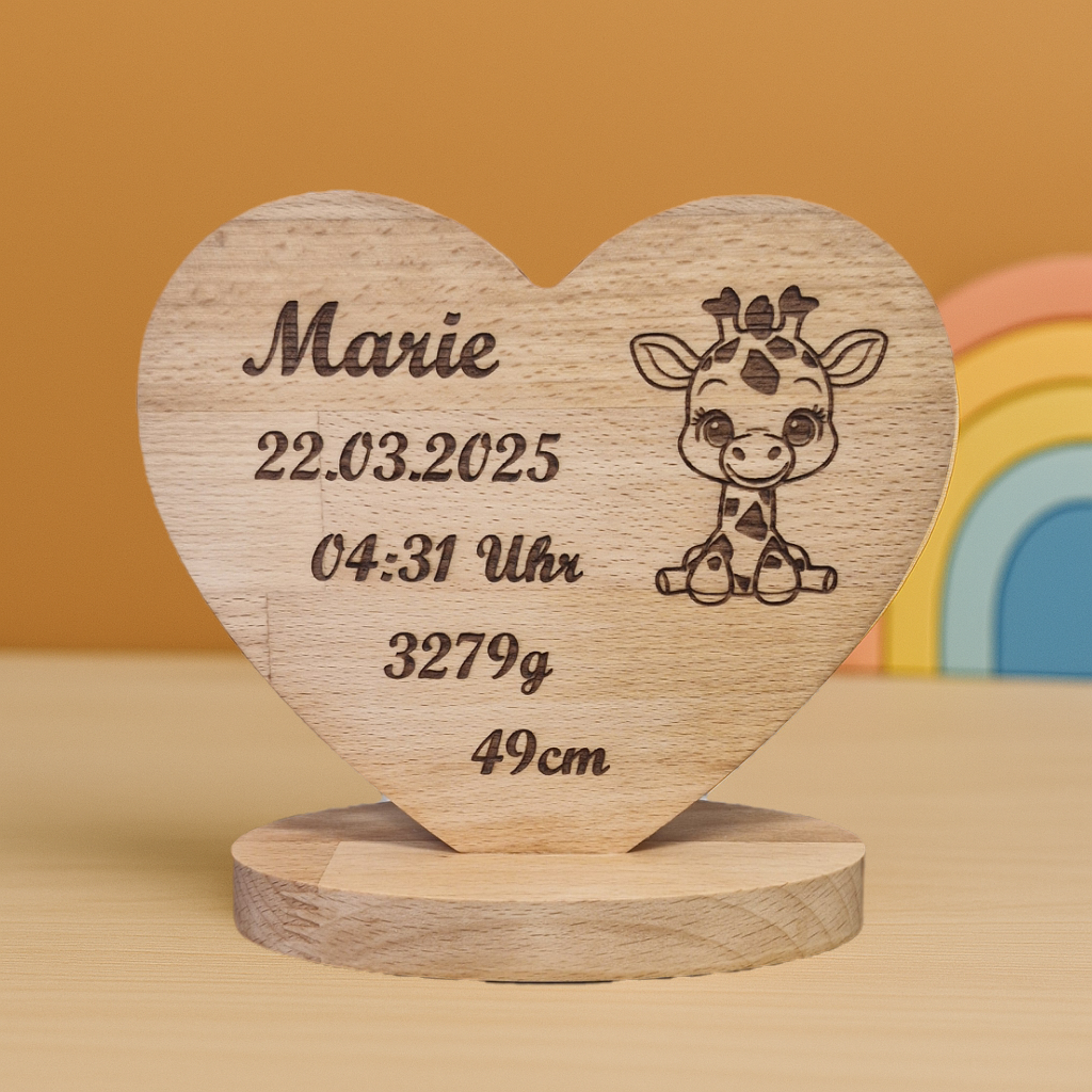 Elegante Giraffe auf gravierter Geburtstafel aus Holz – stilvolle Deko und Geschenk zur Geburt