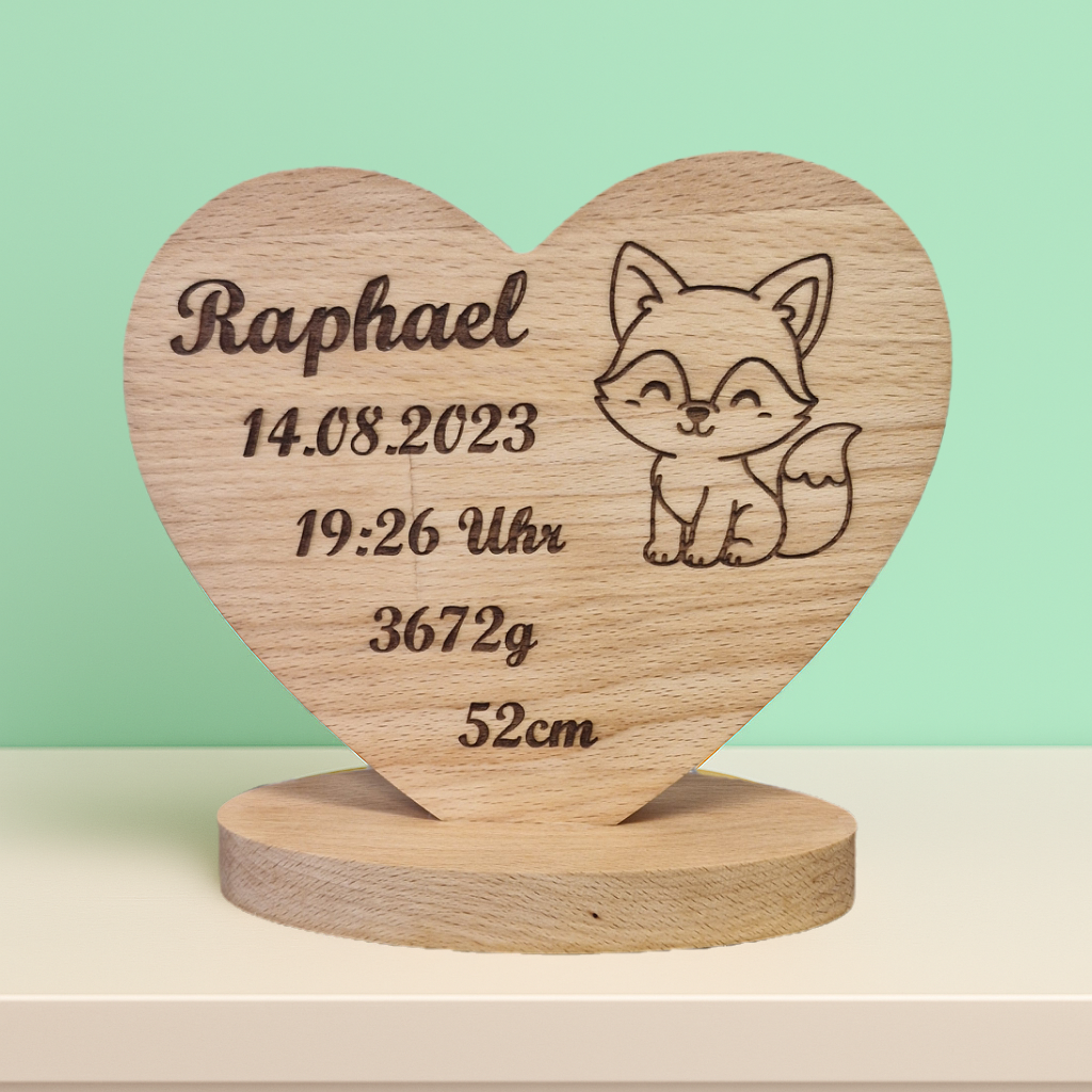 Individuelles Geburtsschild aus Holz mit Fuchsmotiv – liebevoll graviert für Babyzimmer oder Taufgeschenk