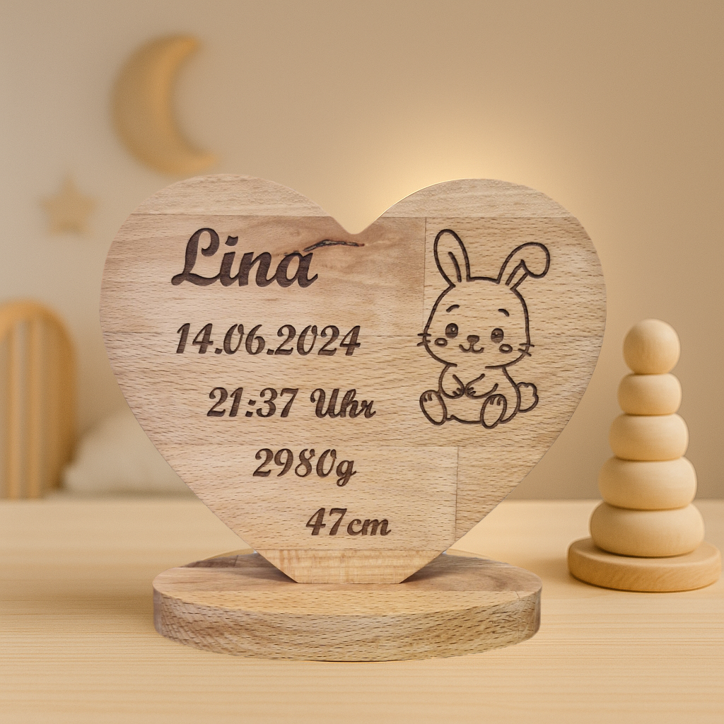 Personalisierte Holztafel zur Geburt mit süßem Babyhase – graviert mit Namen und Geburtsdaten