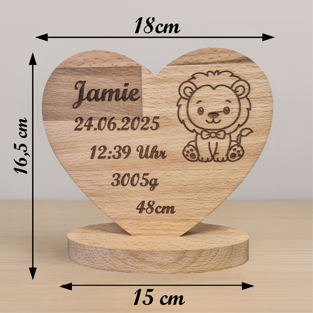 Herz-Aufsteller zur Geburt – personalisiert mit Tiermotiv & Gravur (10+ Motive)