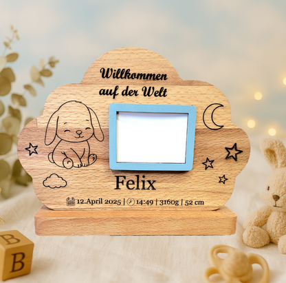 Wolken-Aufsteller mit Fotoeinschub – personalisiert mit Tiermotiv & Geburtsdaten